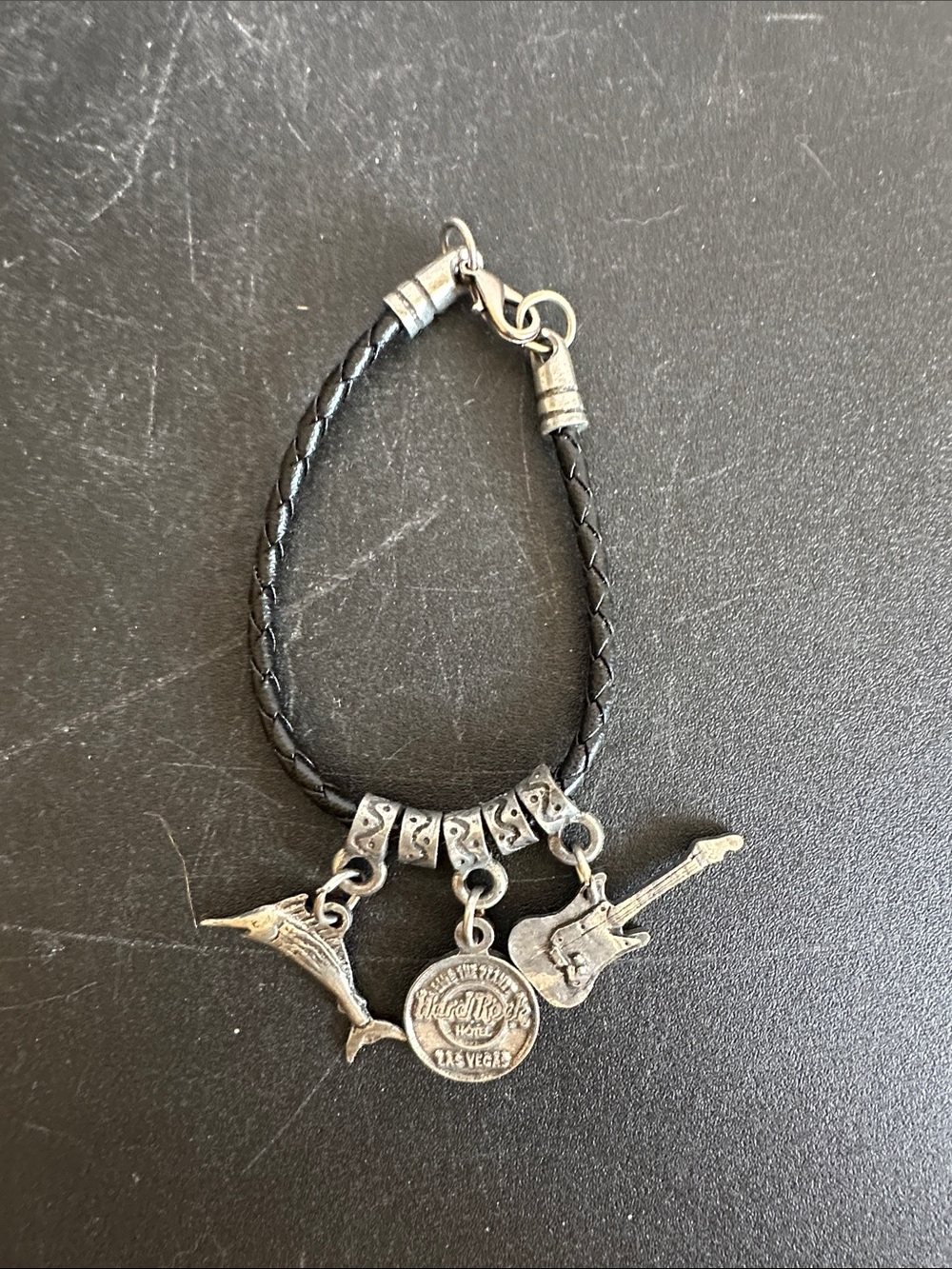Hard Rock Cafe Las Vegas Black Braided Leather Charm Bracelet/Necklace Set
